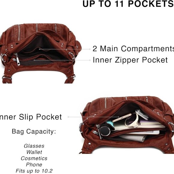 Women’s Large Vegan Leather Hobo Bag with Multiple Pockets and Shoulder Strap - Picture 4 of 6